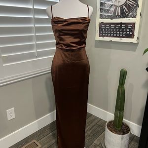 Chocolate Brown Ruched High Slit Formal Dress